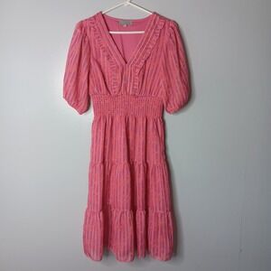 J Gee Dress Womens Petite PM Pink Floral Tiered V-Neck Puff Sleeve Smocked Waist
